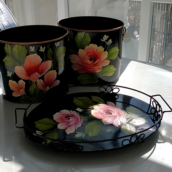 Vintage Other - 3 piece Floral Bathroom Vanity Set Tray hand painted roses black pink